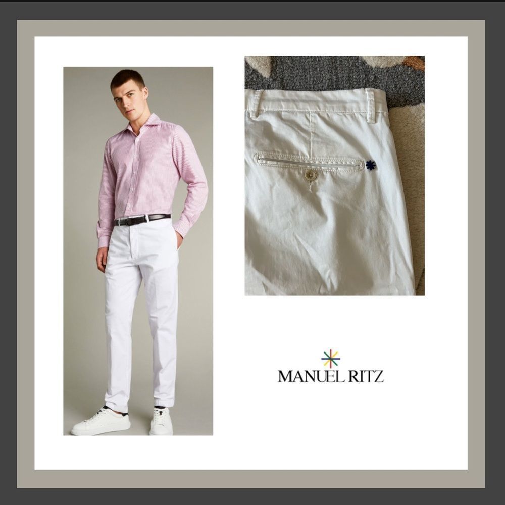 Manuel Ritz Skinny Fit White Lightweight Chino Pant Blue Charm Back Size 54cm